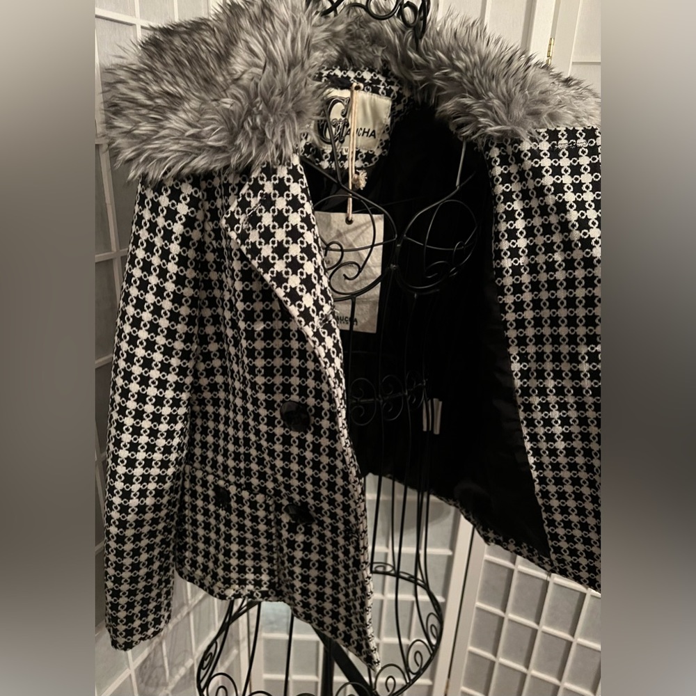 Women’s GAUCHA Tweed Checkered Fur Collar Coat Jacket - Picture 13 of 16